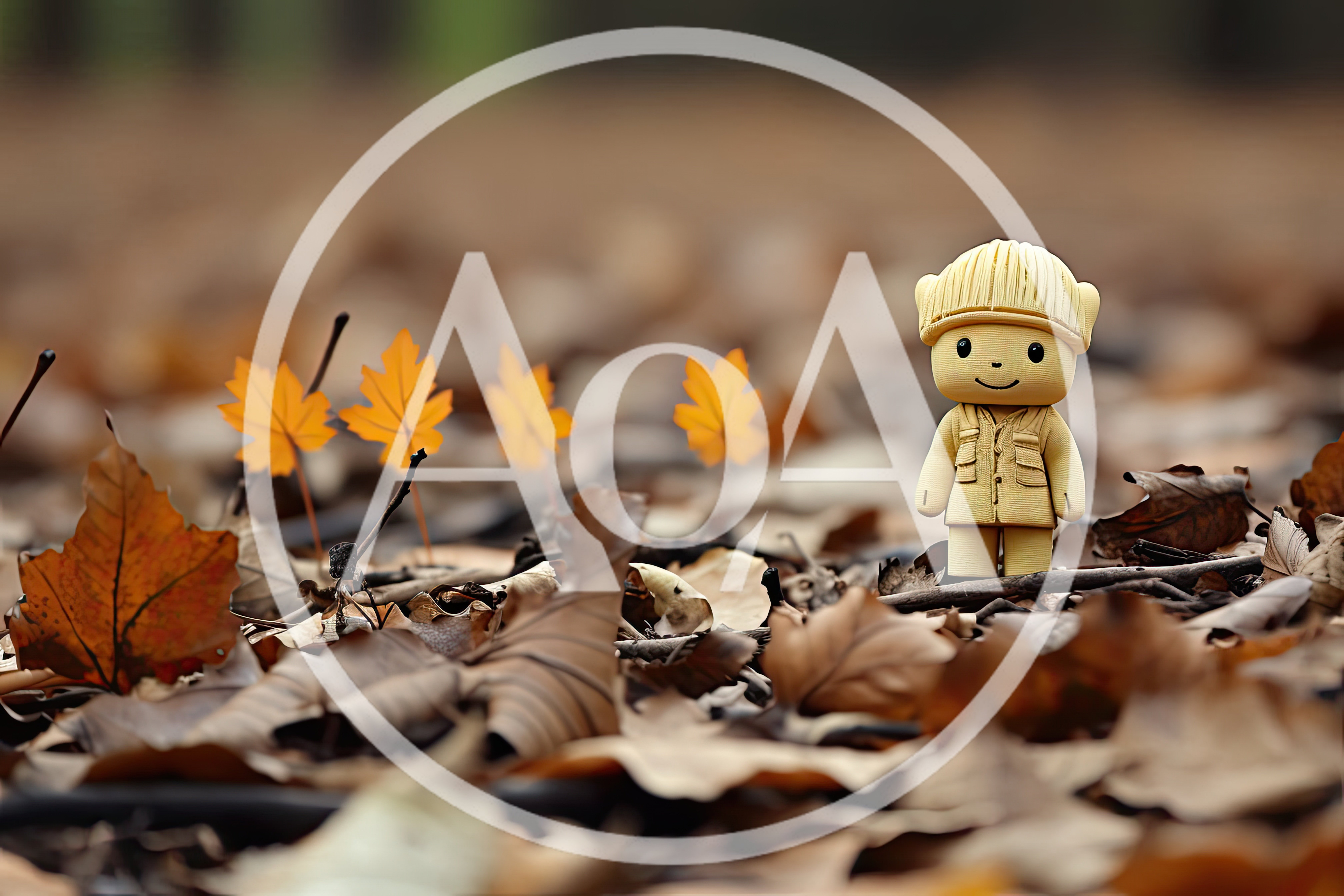 Small Yellow Toy Figure Standing Among Autumn Leaves