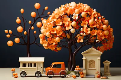 Miniature Toy Car And Trailer Under Autumn Trees