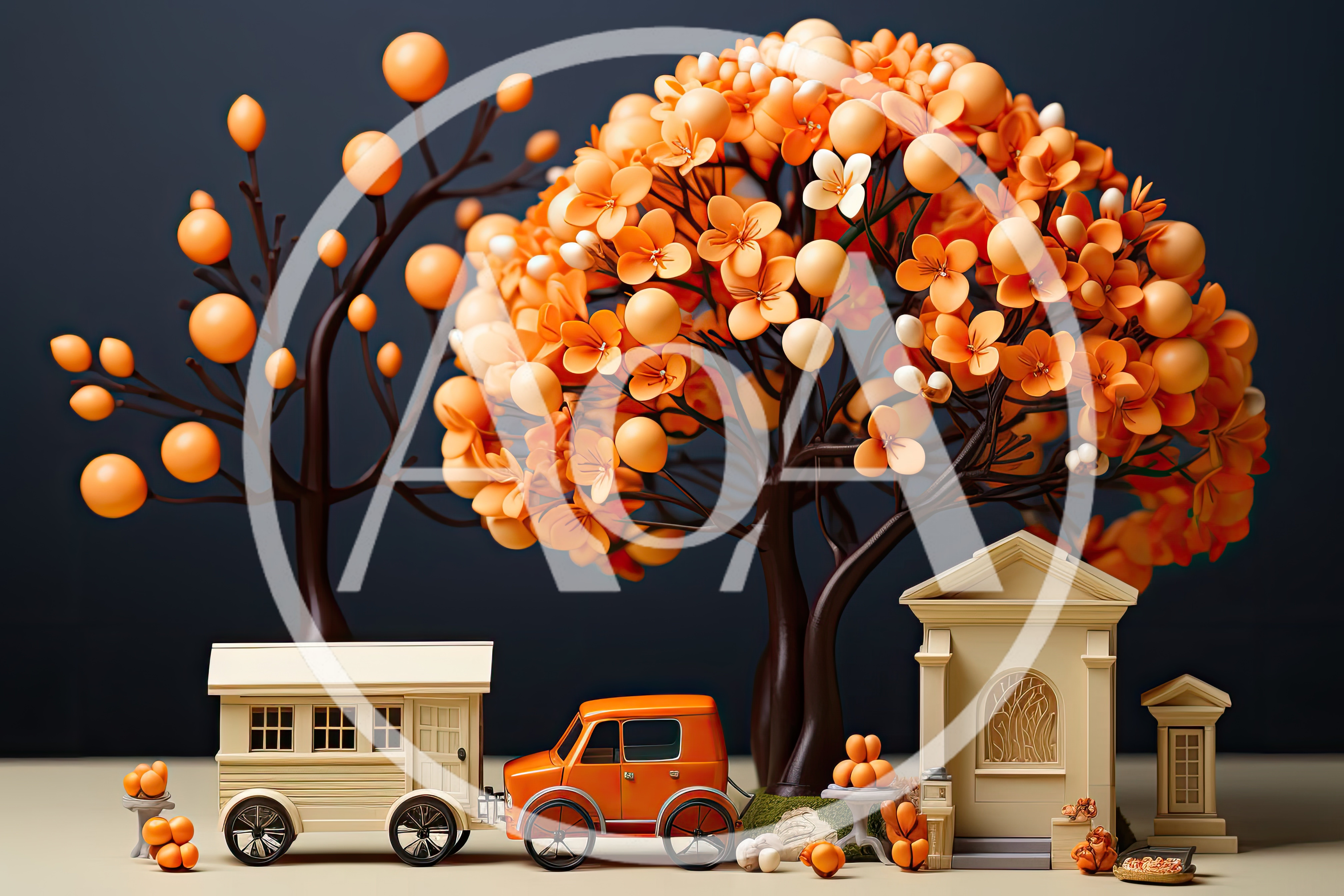 Miniature Toy Car And Trailer Under Autumn Trees