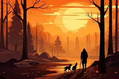 Silhouette Of A Traveler With Dogs At Sunset