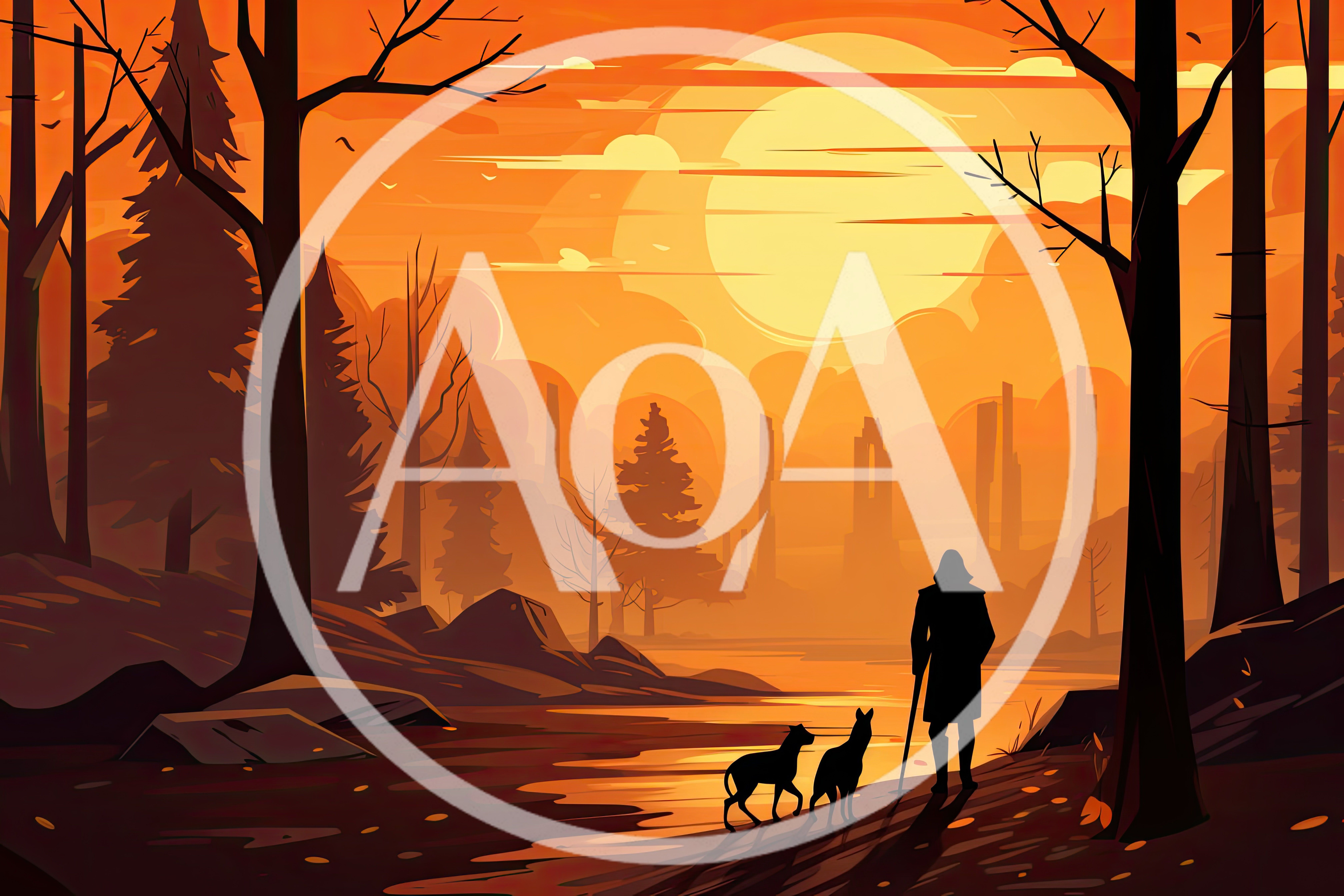 Silhouette Of A Traveler With Dogs At Sunset