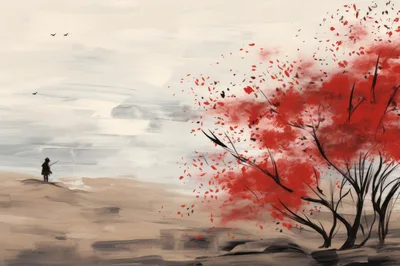 Lone Traveler Standing Near A Vibrant Red Tree
