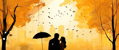 Romantic Couple Standing Under Umbrella In Autumn City
