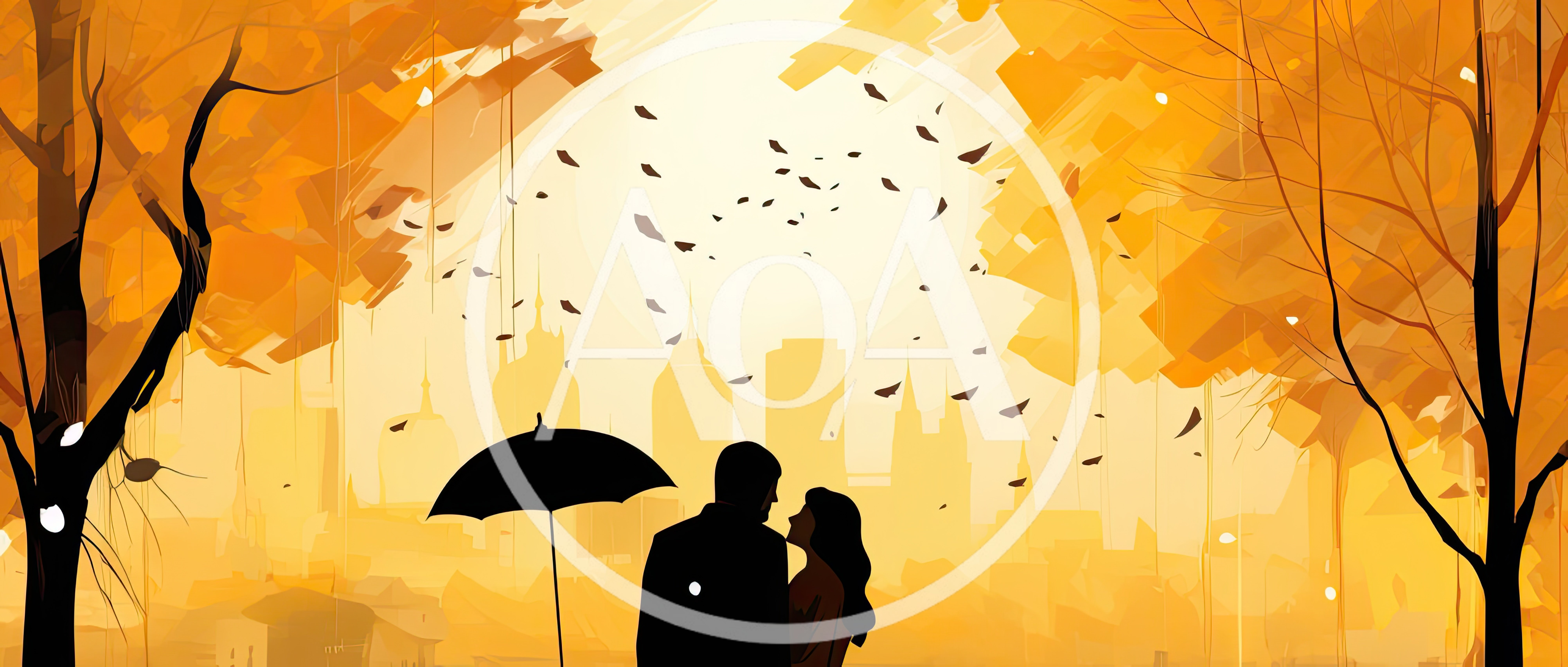 Romantic Couple Standing Under Umbrella In Autumn City