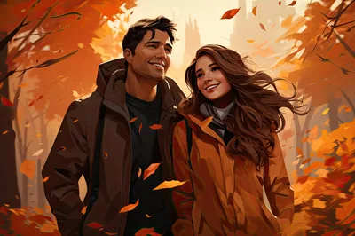 Happy Couple Walking Through Autumn Forest