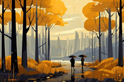 Two People With Umbrellas Walking Through Autumn Forest