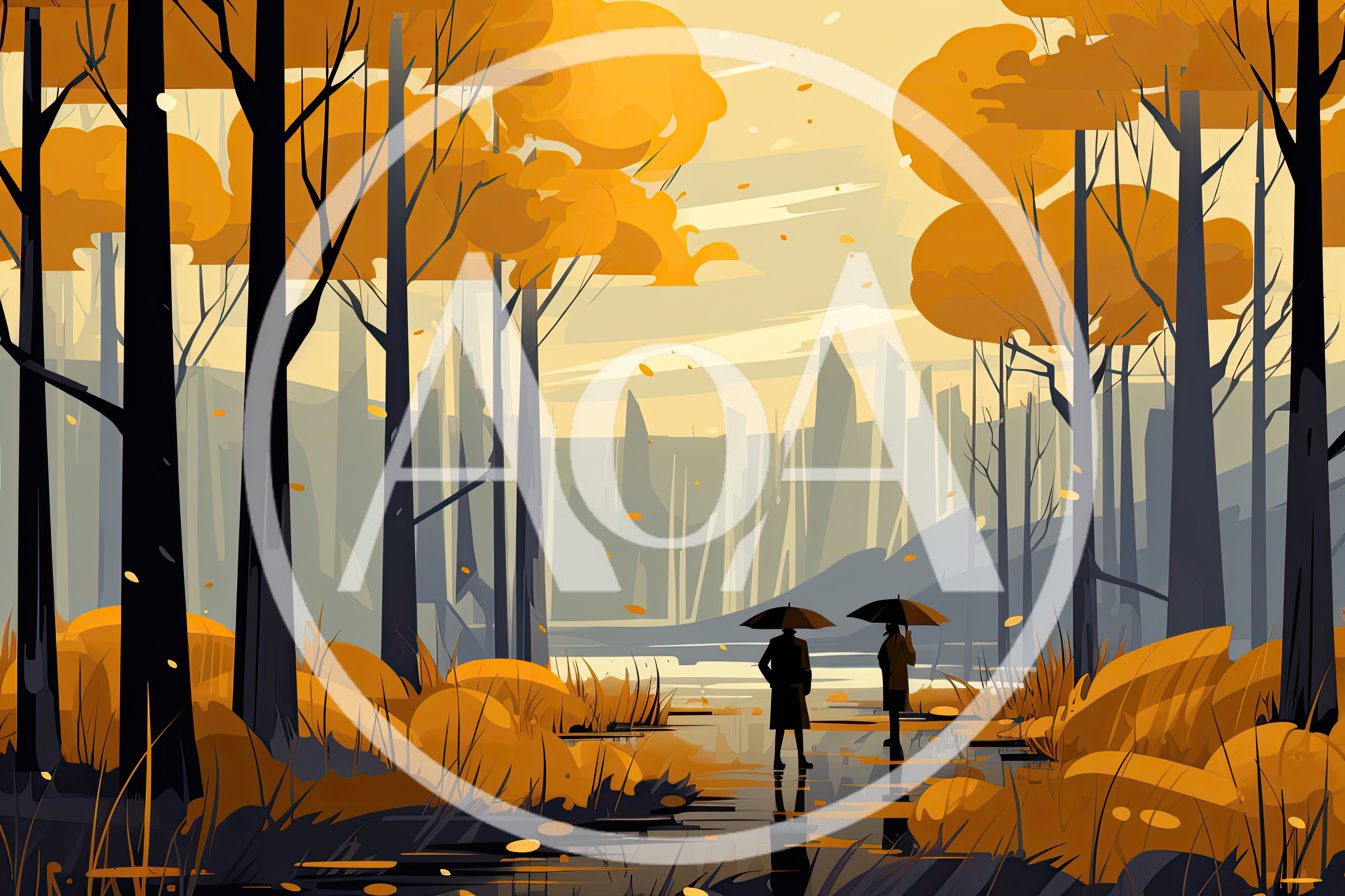 Two People With Umbrellas Walking Through Autumn Forest