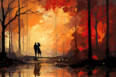 Silhouette Of A Couple Walking In An Autumn Forest