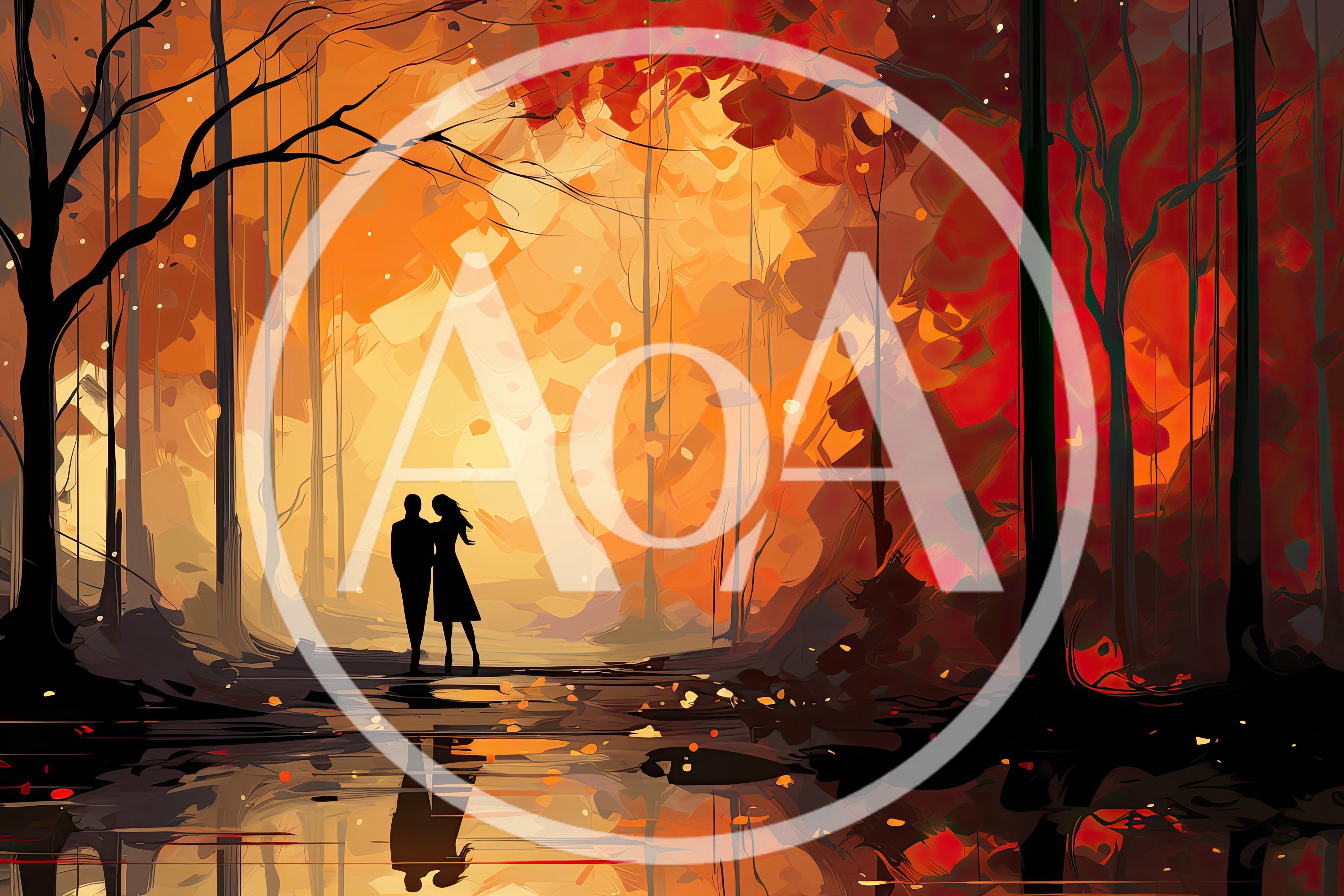 Silhouette Of A Couple Walking In An Autumn Forest