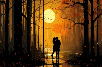 Silhouette Of A Couple Kissing In An Autumn Forest