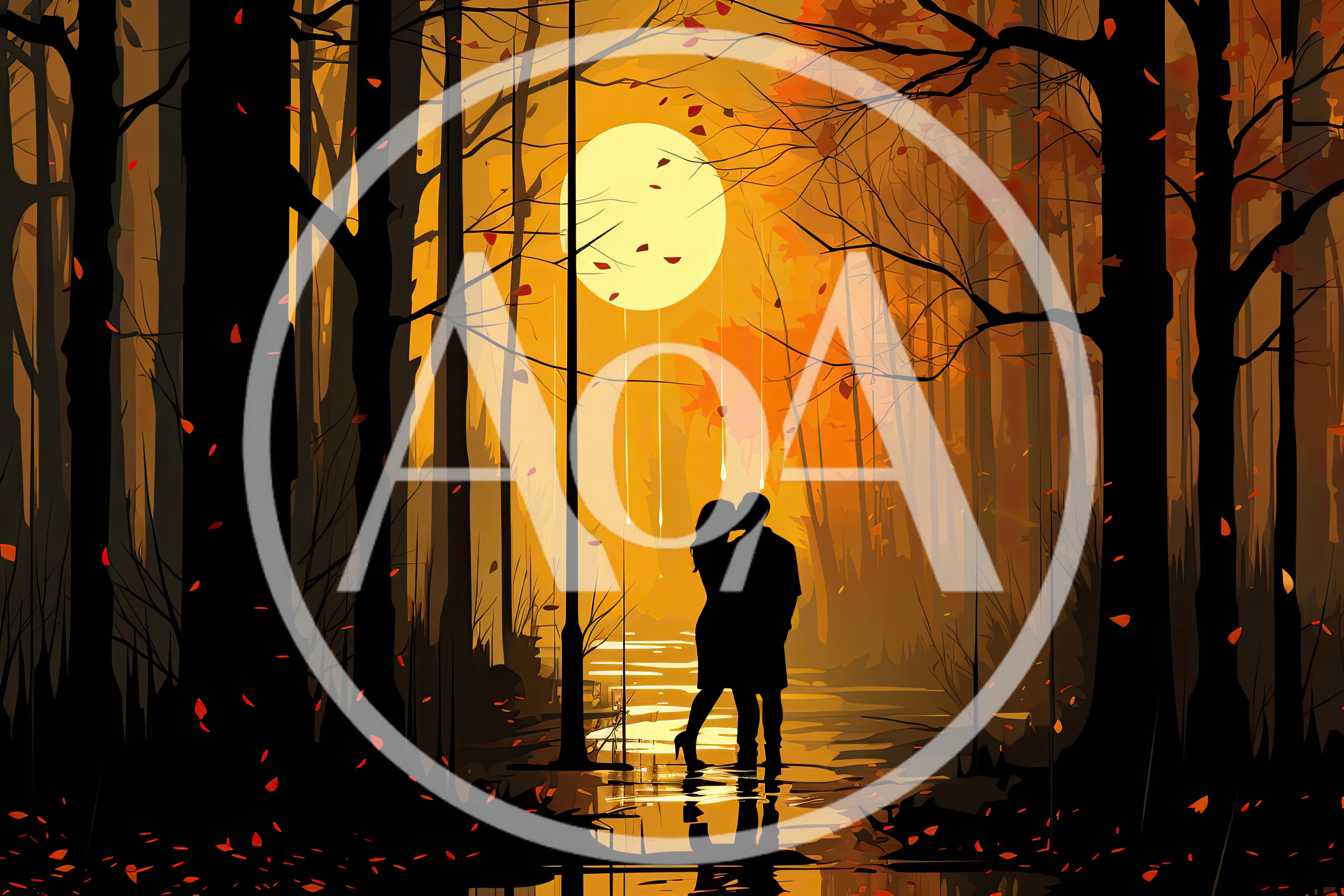 Silhouette Of A Couple Kissing In An Autumn Forest