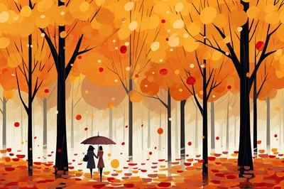 Two Women Walking Under Umbrella In Autumn Forest