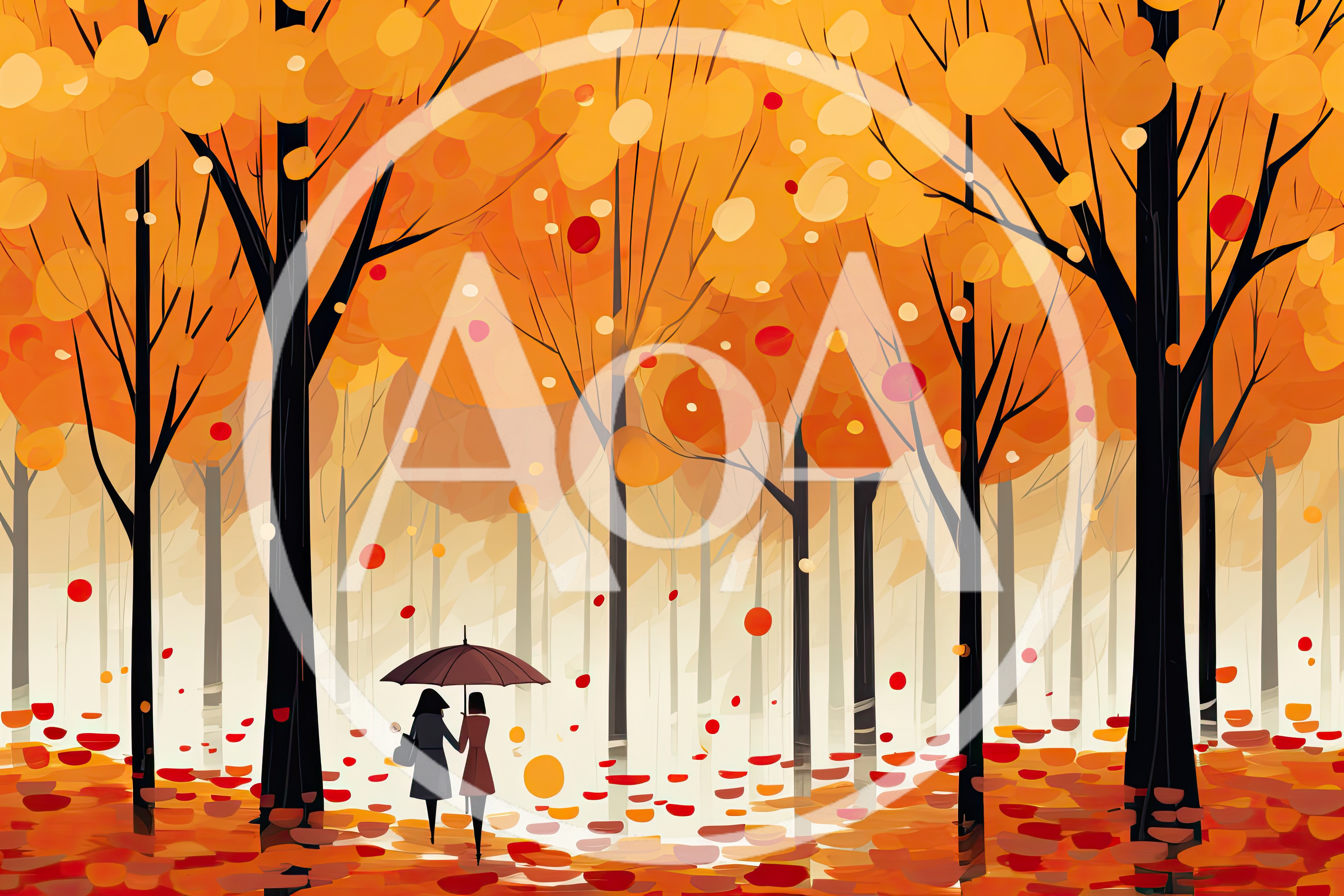 Two Women Walking Under Umbrella In Autumn Forest