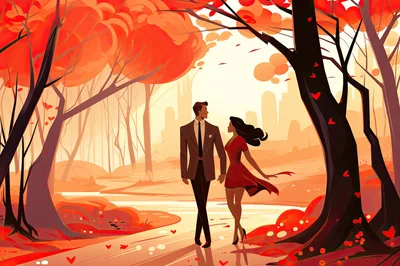 Elegant Couple Walking Through An Autumn Forest