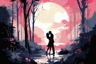 Silhouette Of A Couple Kissing In A Pink Forest