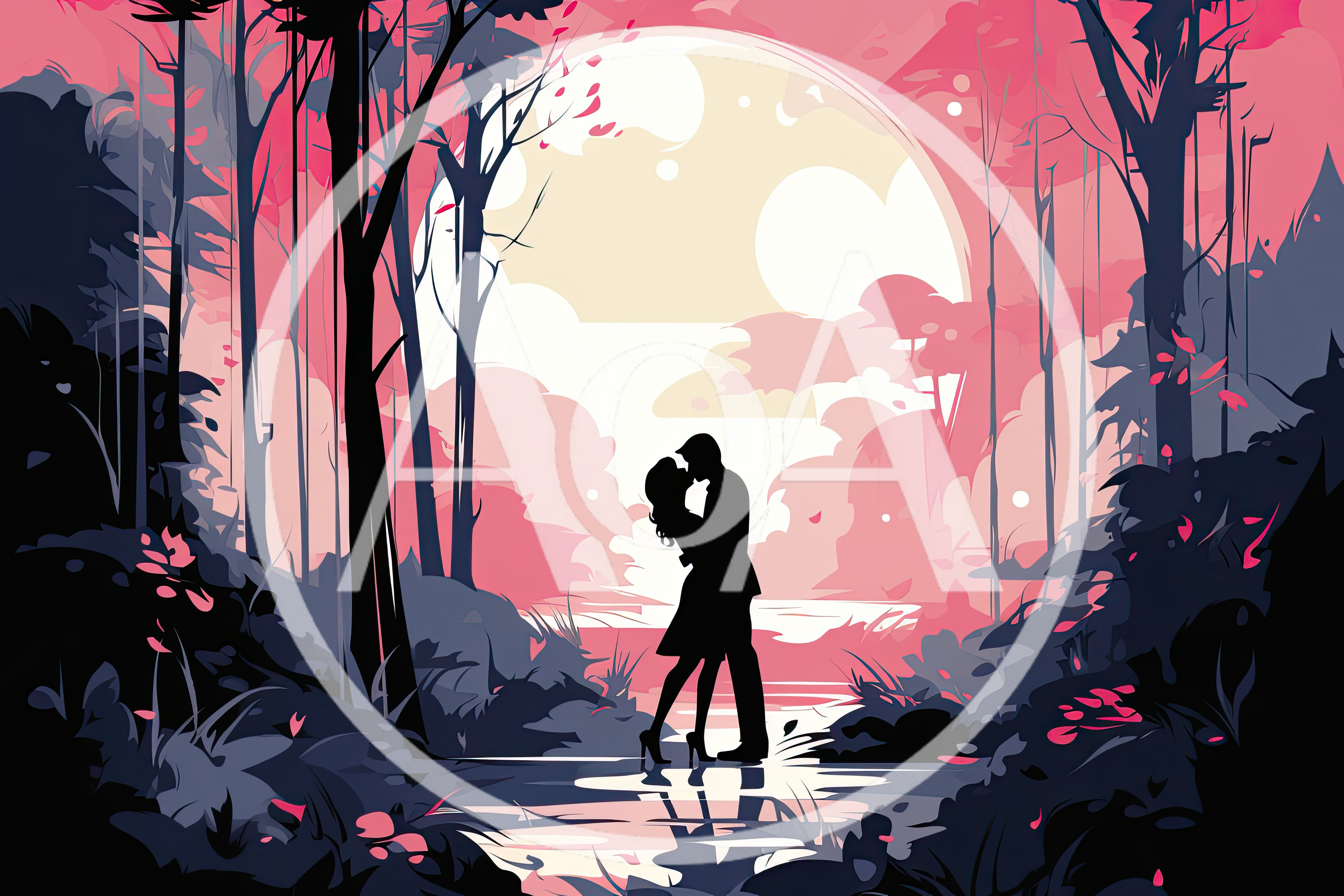 Silhouette Of A Couple Kissing In A Pink Forest