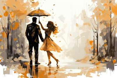 Couple Walking Together Under An Umbrella In Autumn