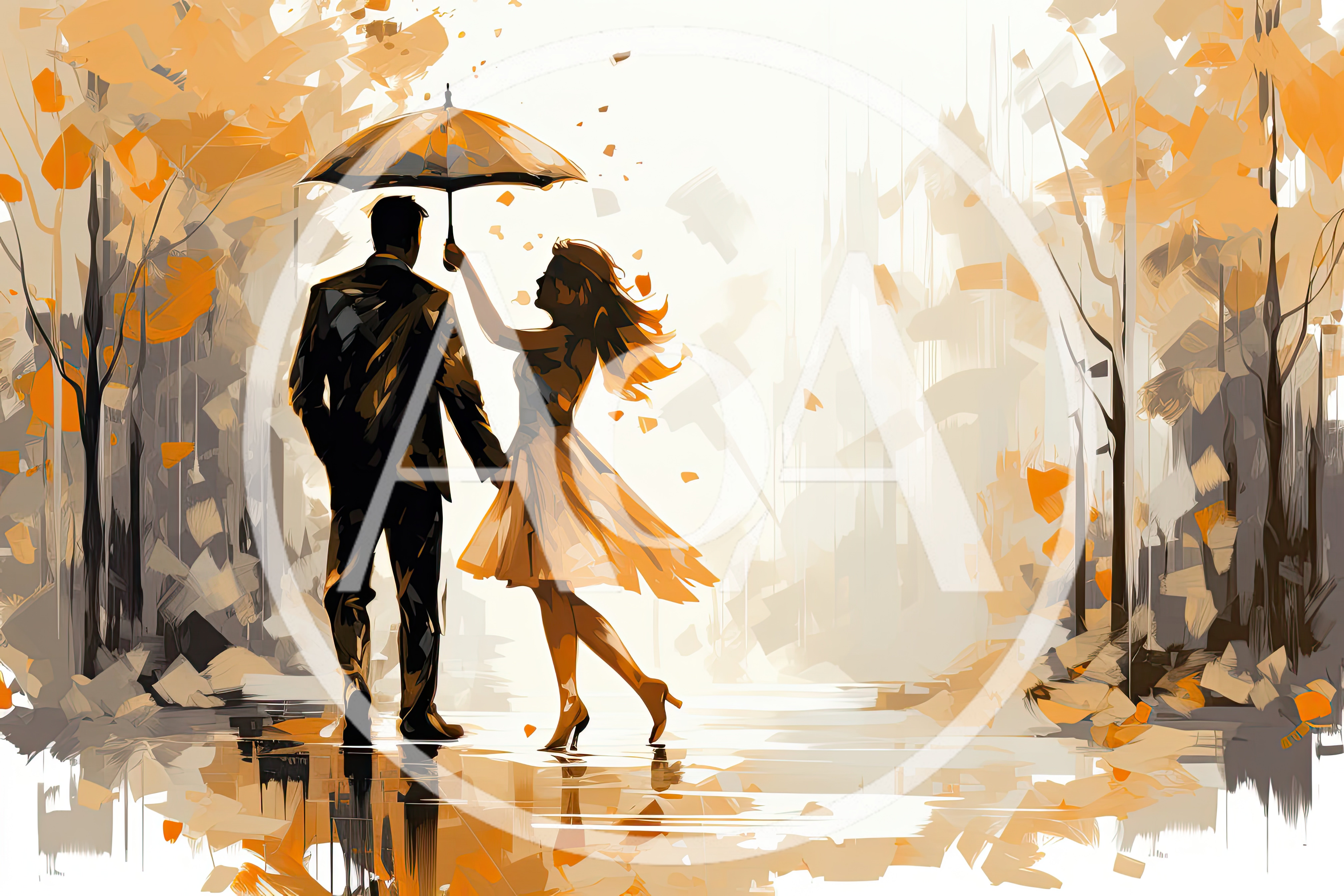 Couple Walking Together Under An Umbrella In Autumn