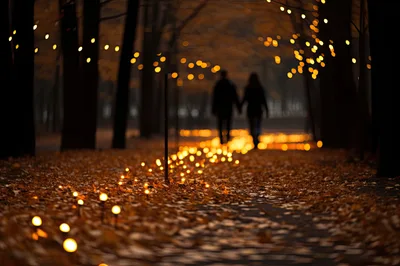 Couple Walking Hand In Hand Along Illuminated Autumn Path