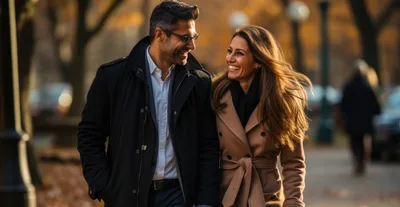 Happy Couple Walking Together in Autumn Park