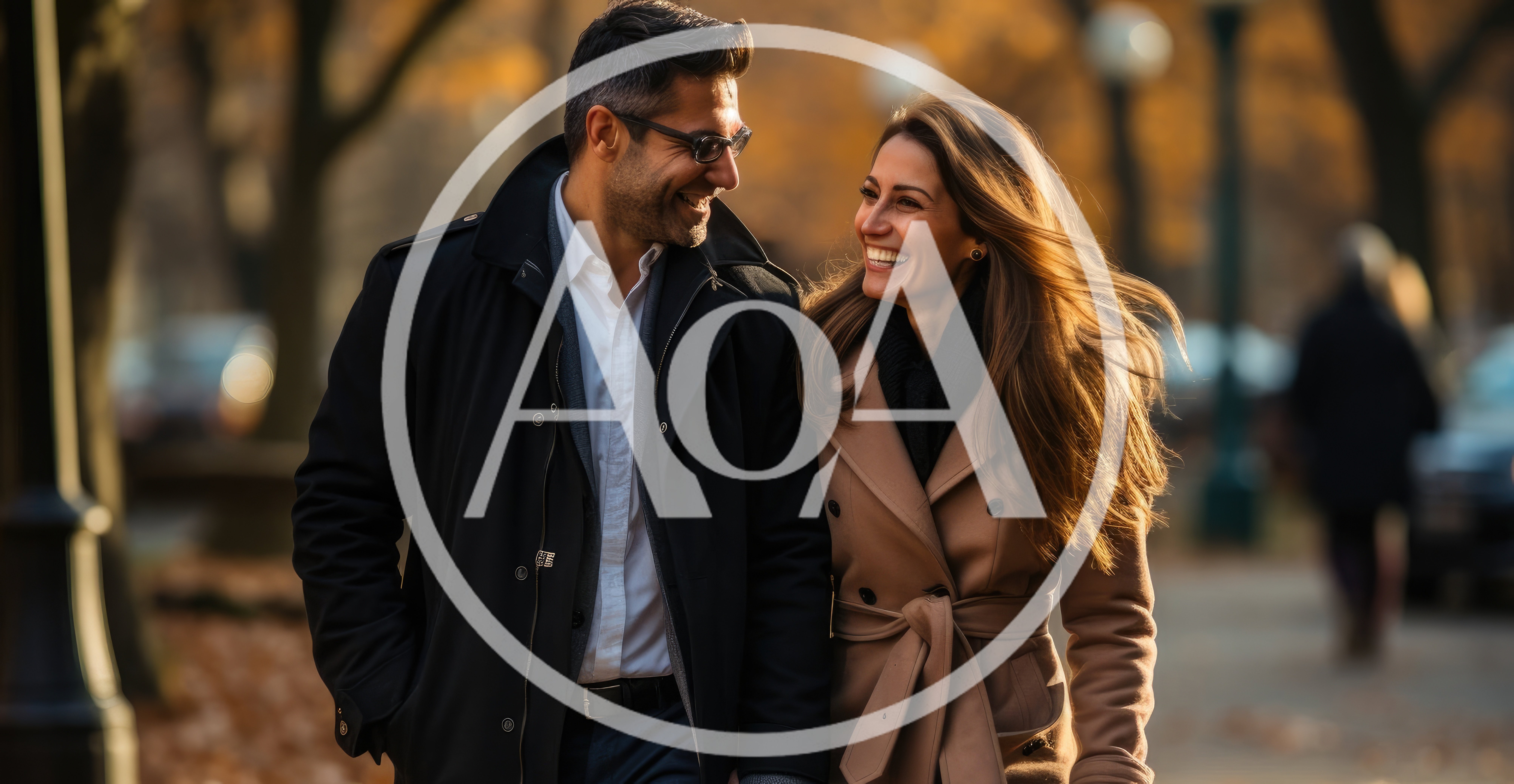 Happy Couple Walking Together in Autumn Park
