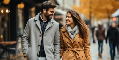 Happy Couple Walking Together On City Street