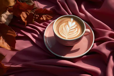 Latte Art in Pink Cup on Silk Fabric
