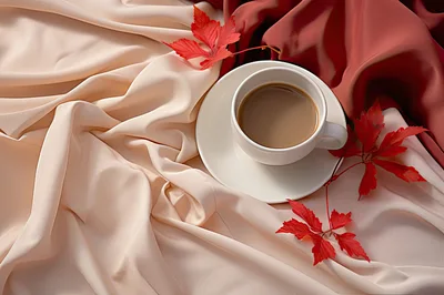 Coffee Cup With Autumn Leaves On Silk Fabric