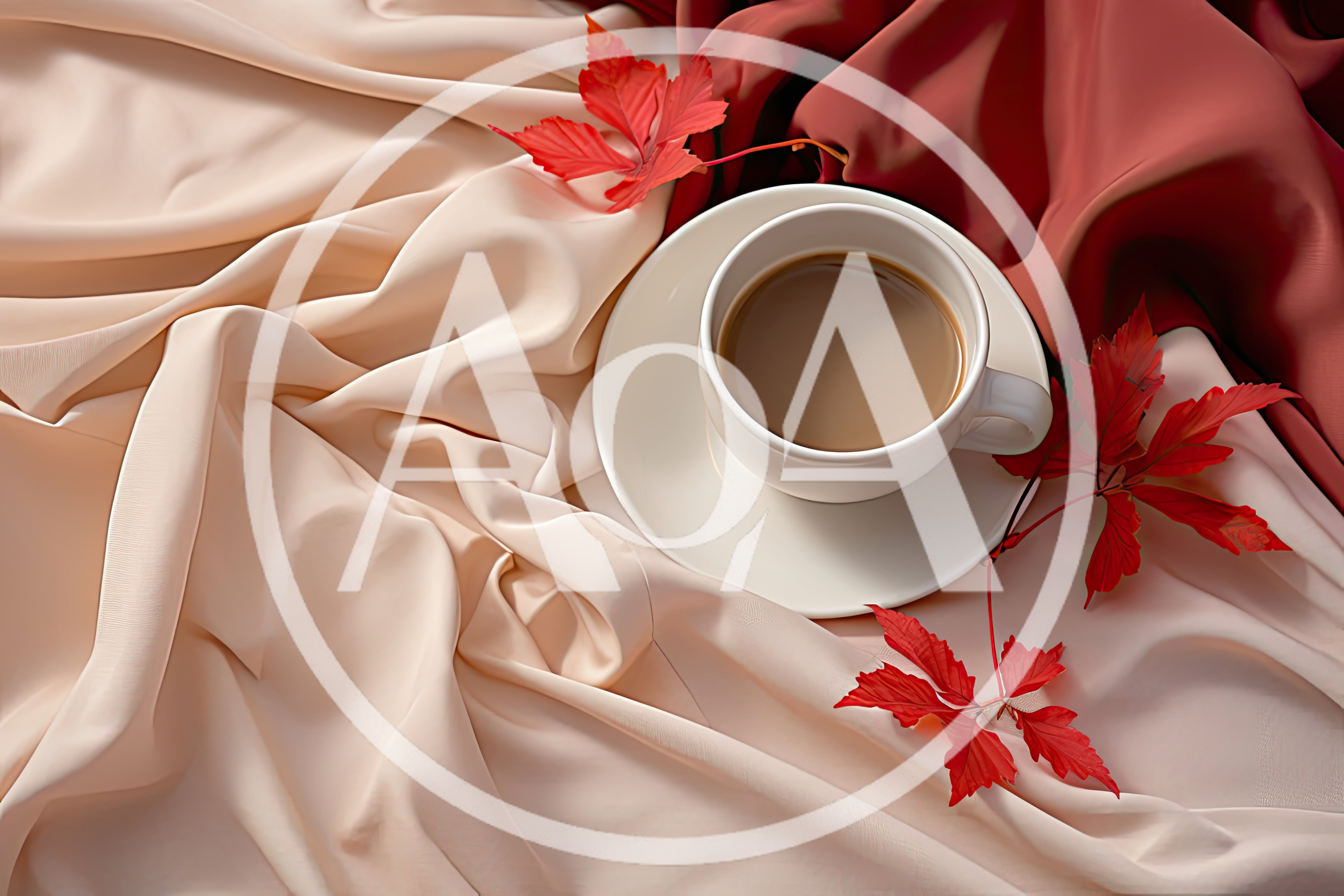 Coffee Cup With Autumn Leaves On Silk Fabric