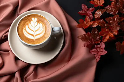 Cup Of Latte With Latte Art On Pink Fabric