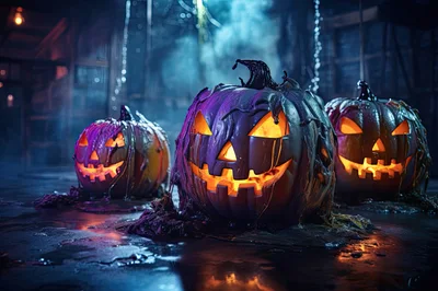 Three Glowing Jack O Lanterns In Dark Haunted Setting