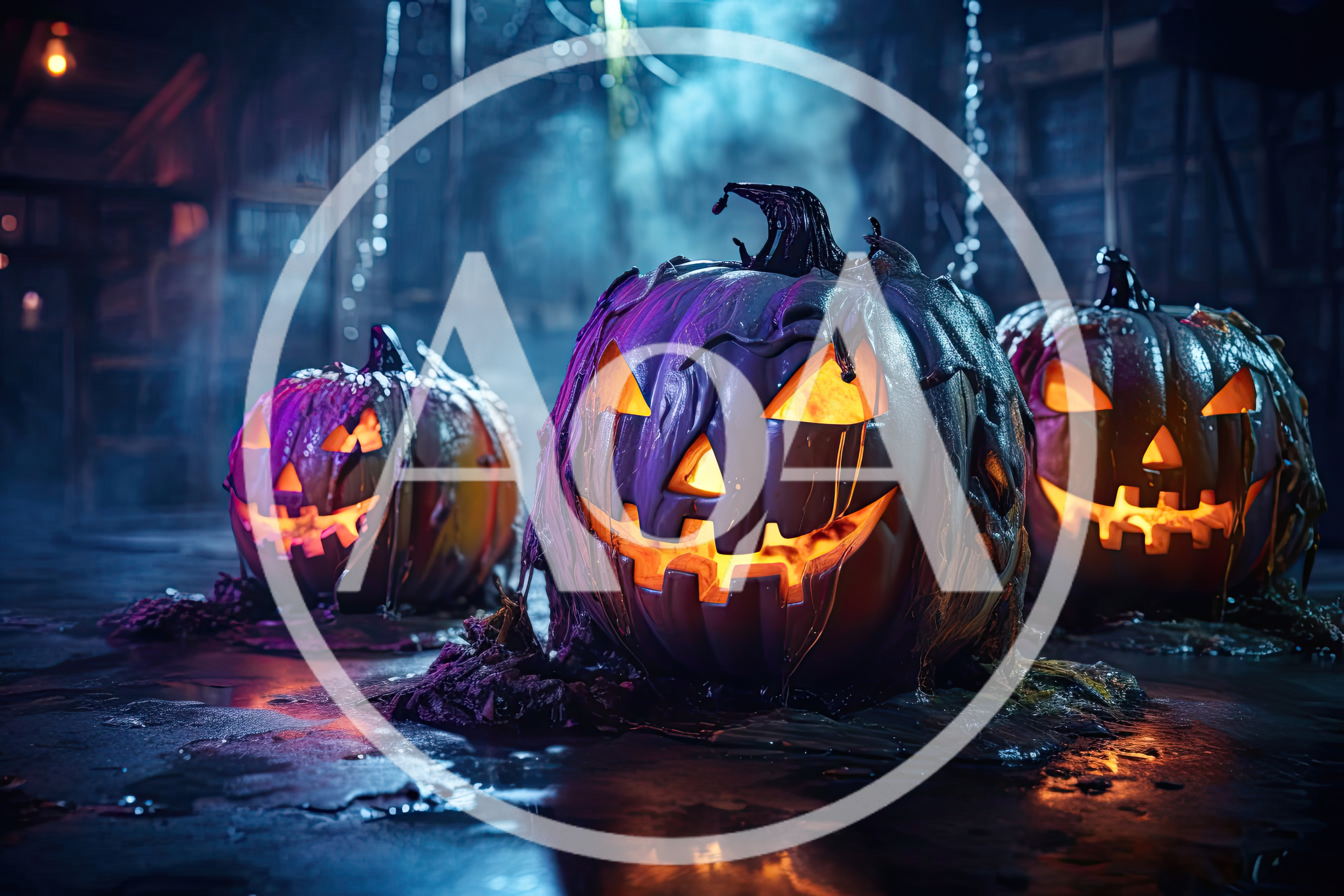Three Glowing Jack O Lanterns In Dark Haunted Setting