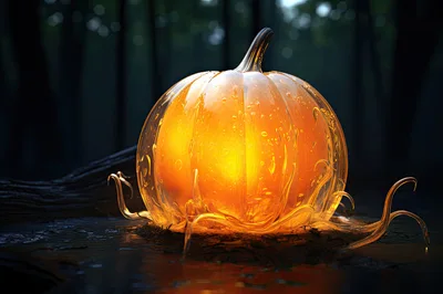 Glowing Translucent Glass Pumpkin In Dark Forest