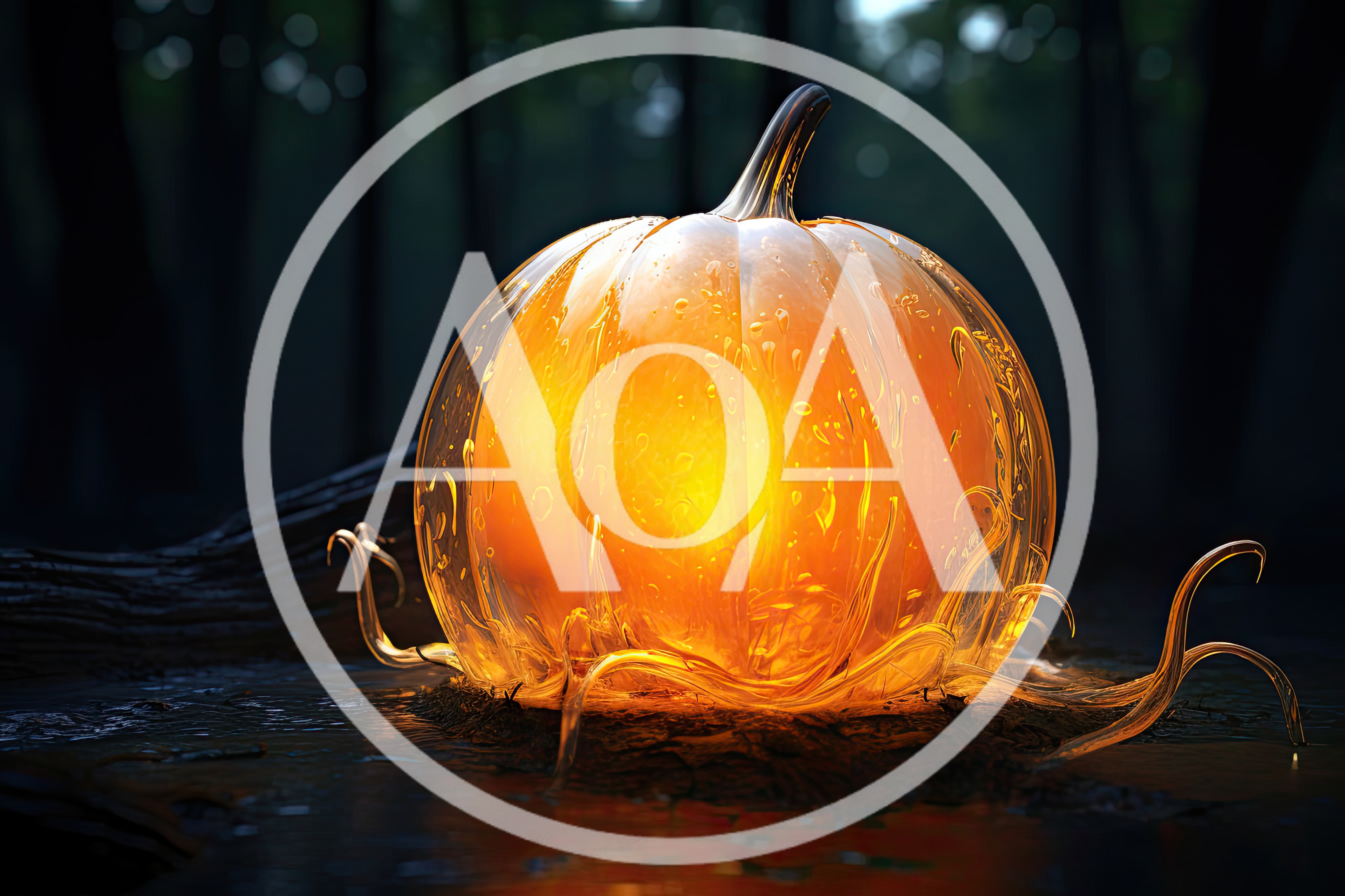 Glowing Translucent Glass Pumpkin In Dark Forest