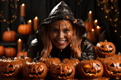 Woman Covered In Caramel With Jack O Lanterns