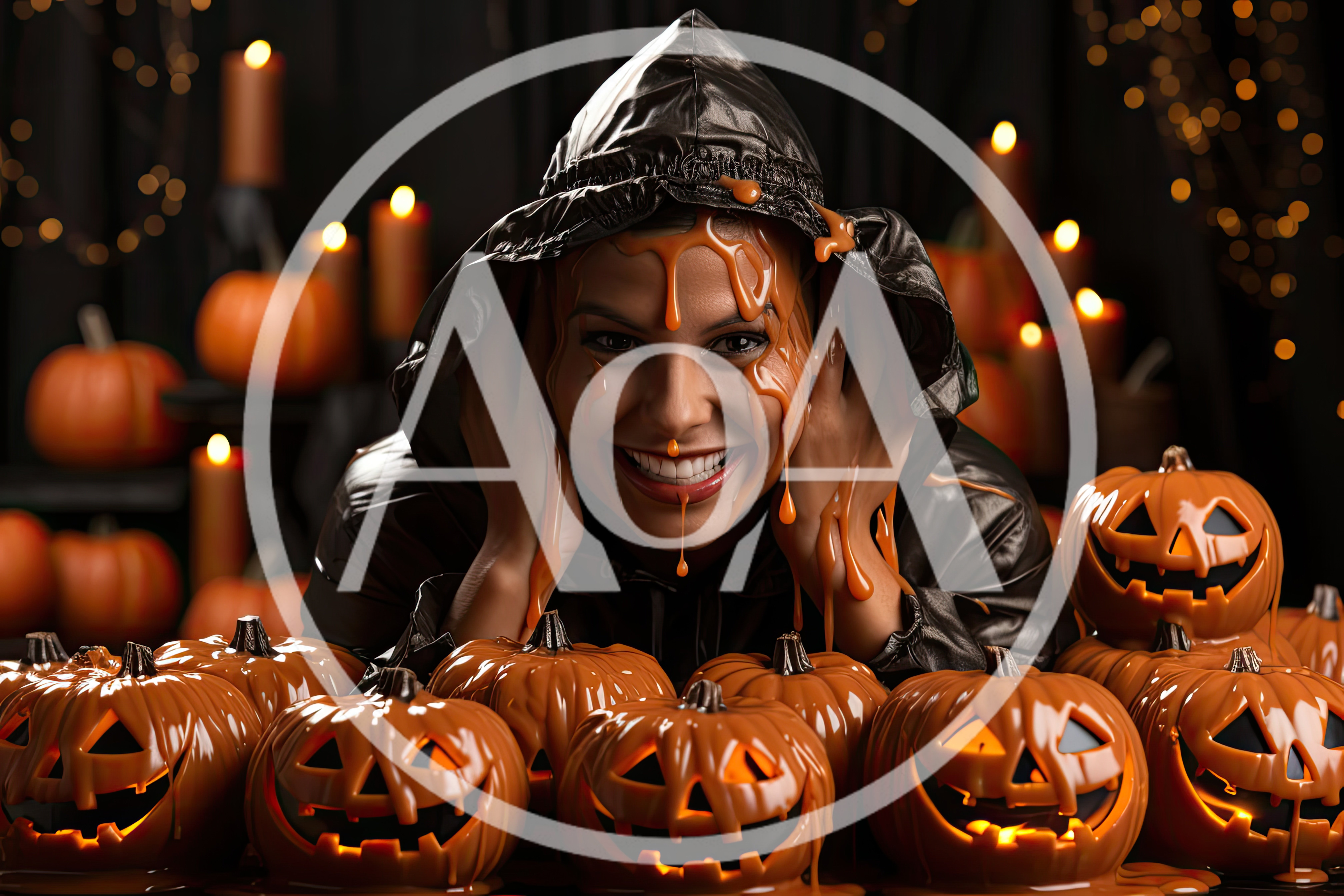 Woman Covered In Caramel With Jack O Lanterns