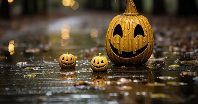 Three Wet Jack O Lanterns On A Rainy Path