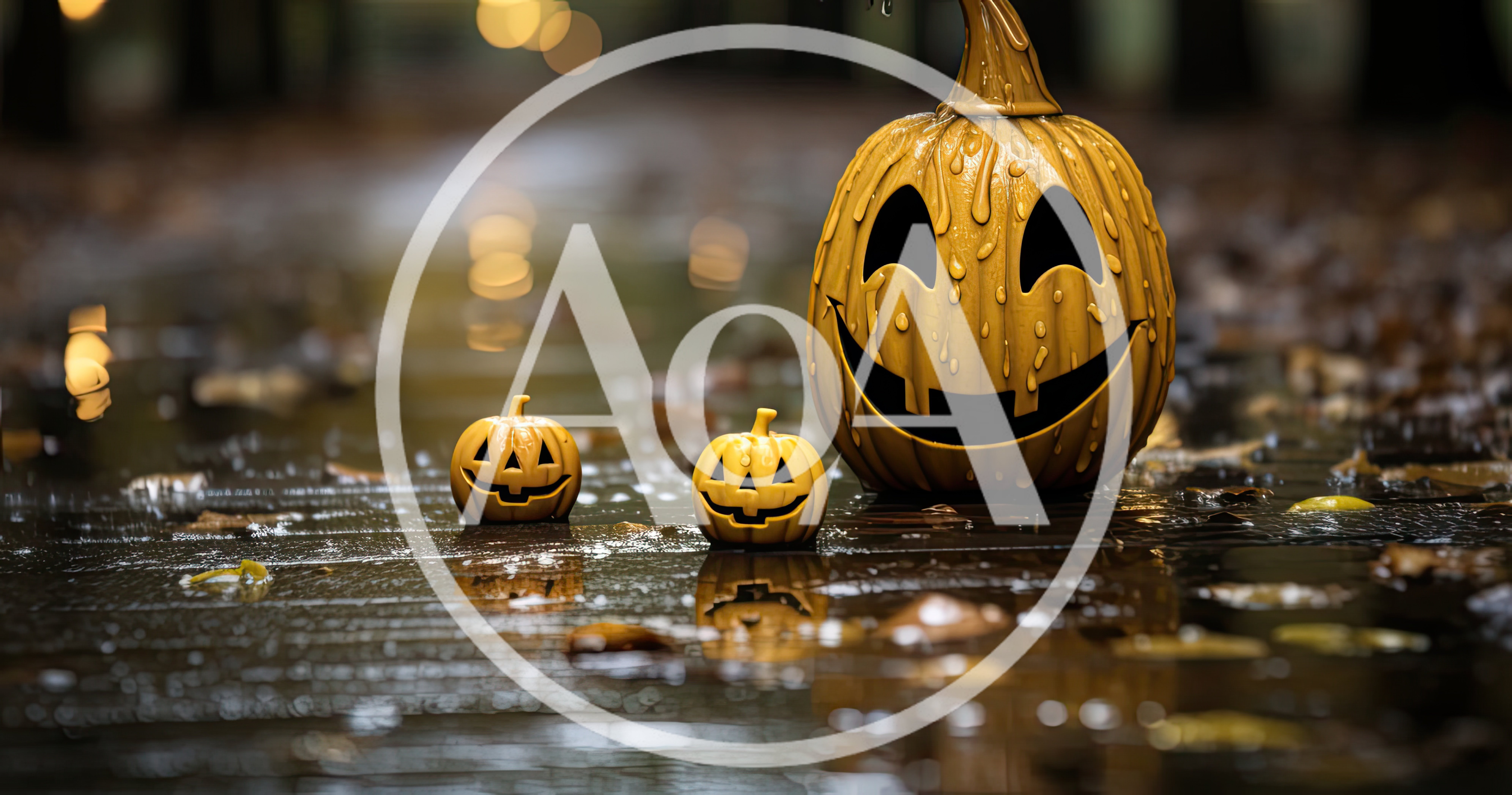 Three Wet Jack O Lanterns On A Rainy Path