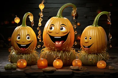 Three Cartoon Pumpkins With Funny Faces