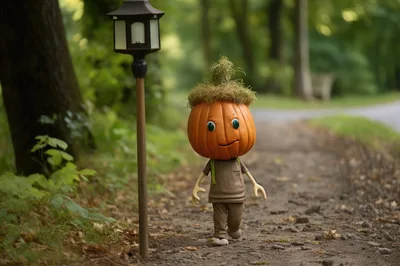 Whimsical Pumpkin Head Character Walking On Forest Path