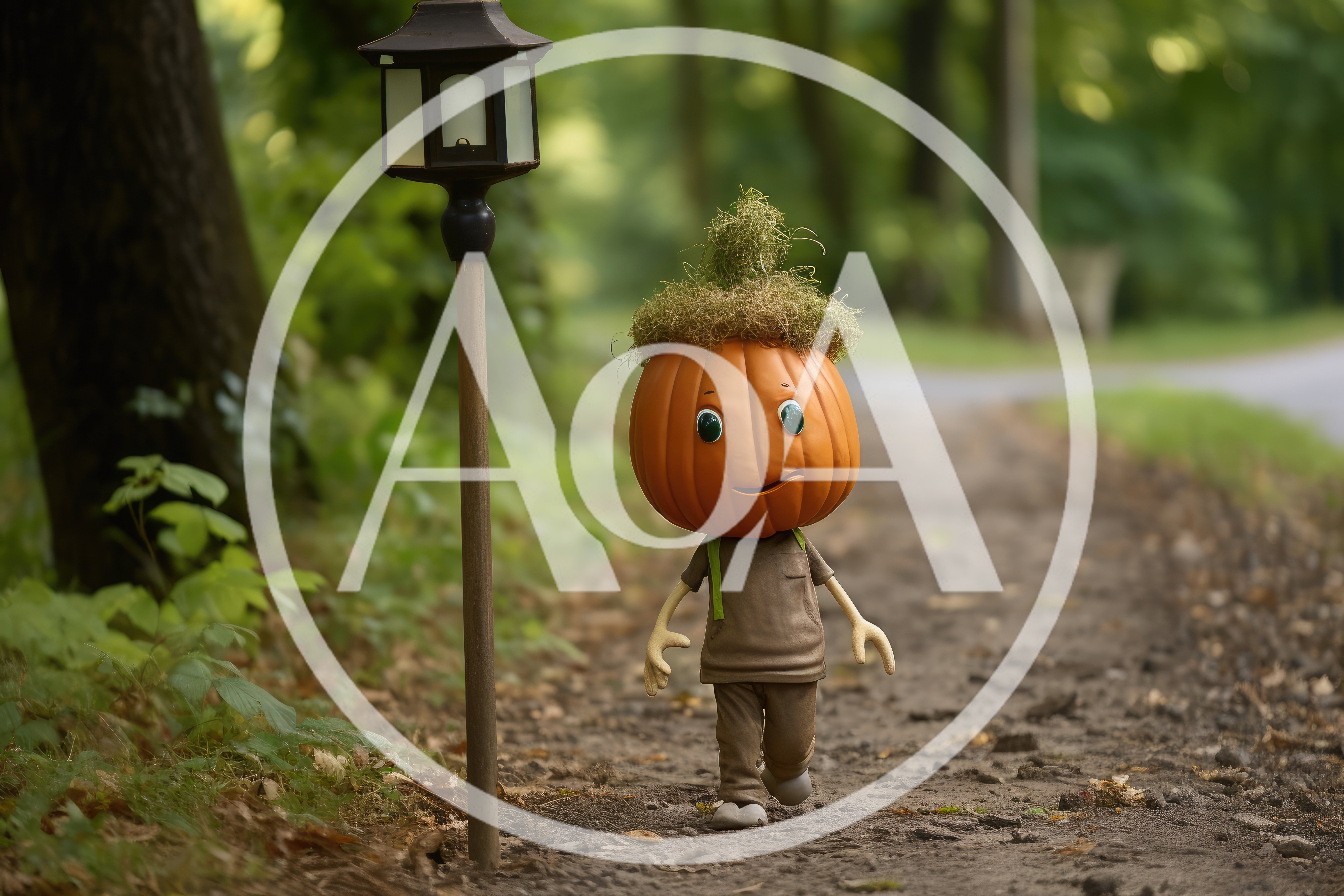 Whimsical Pumpkin Head Character Walking On Forest Path