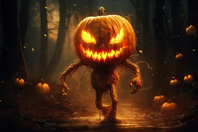 Creepy Pumpkin Monster Walking Through Dark Forest