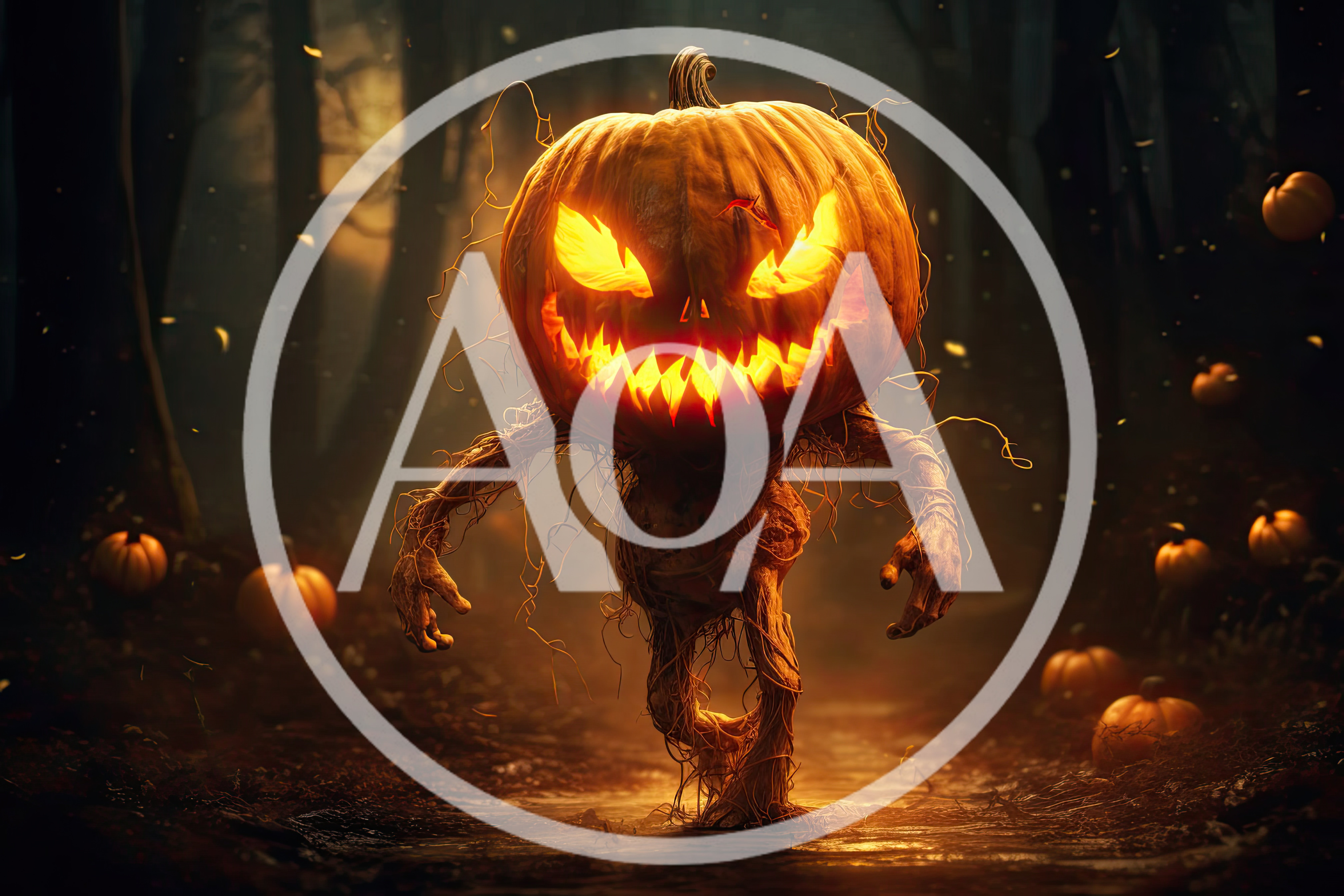 Creepy Pumpkin Monster Walking Through Dark Forest