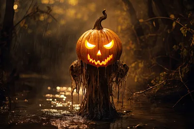 Spooky Jack O Lantern Scarecrow In Dark Forest