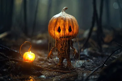 Creepy Pumpkin Creature Standing In Dark Forest