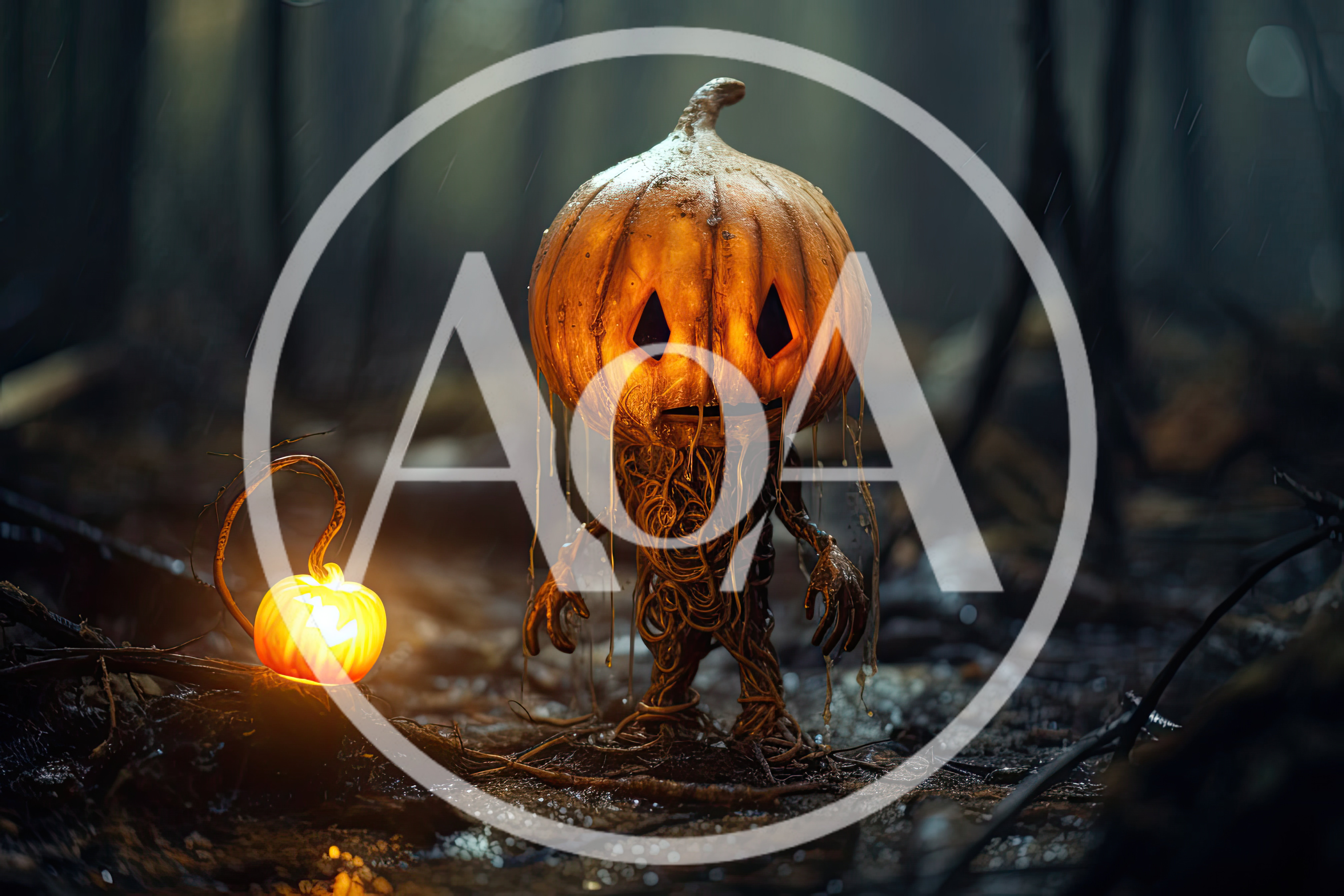 Creepy Pumpkin Creature Standing In Dark Forest