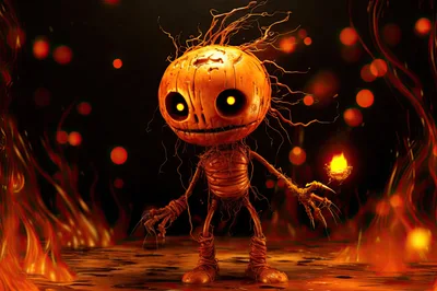 Creepy Pumpkin Creature Standing In Fiery Hellscape