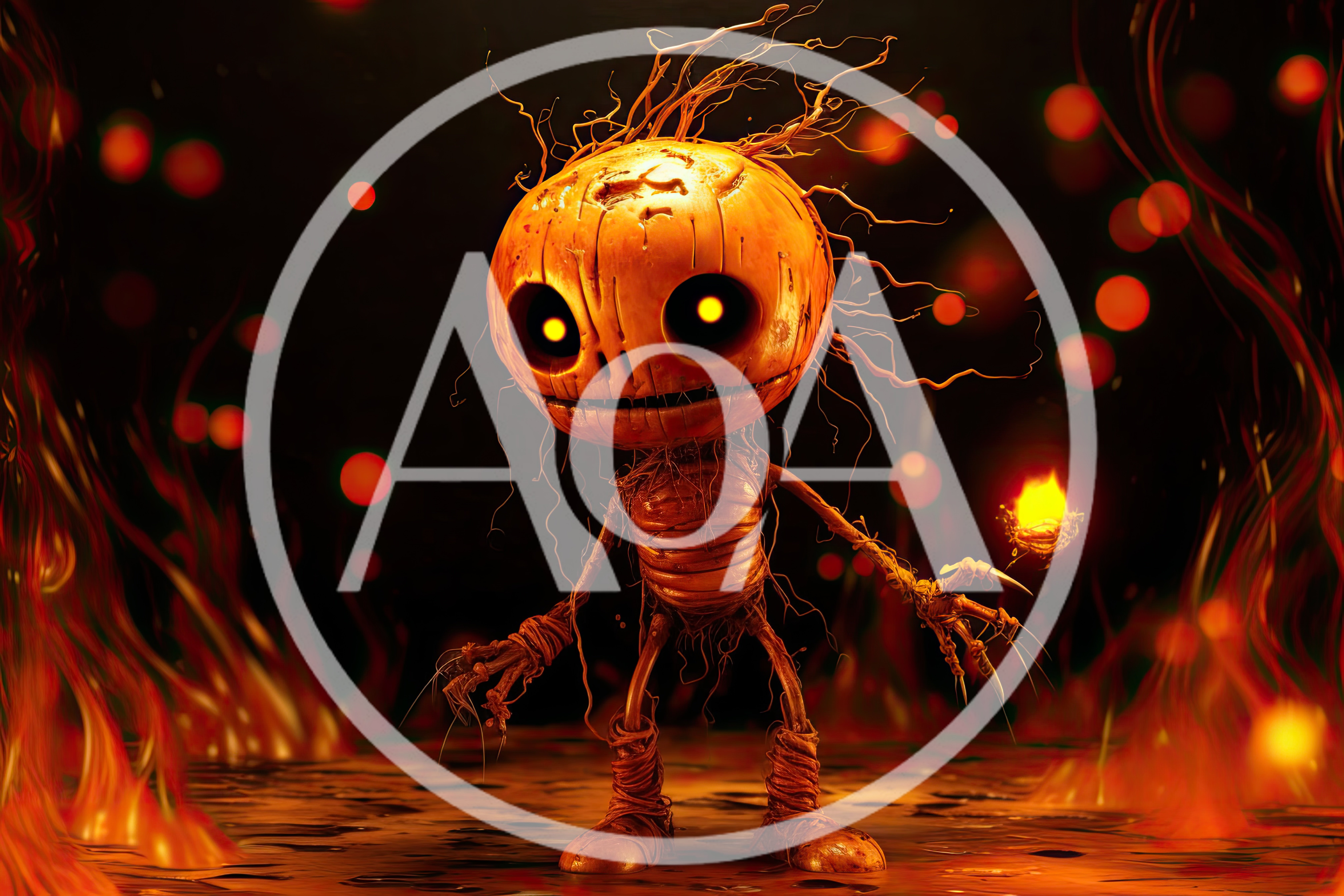 Creepy Pumpkin Creature Standing In Fiery Hellscape