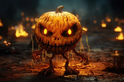 Creepy Jack O Lantern Monster Standing In Dark Forest