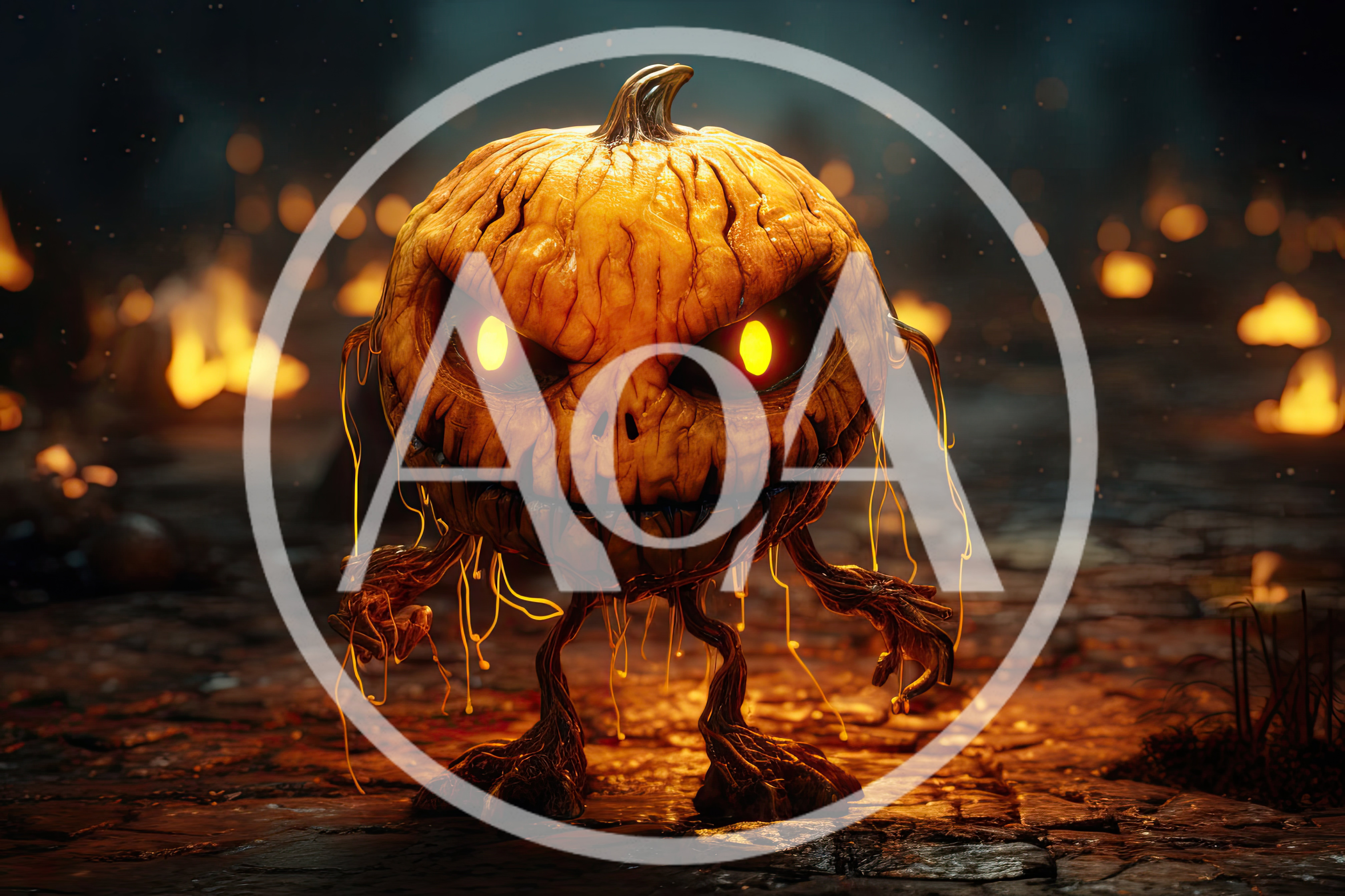 Creepy Jack O Lantern Monster Standing In Dark Forest